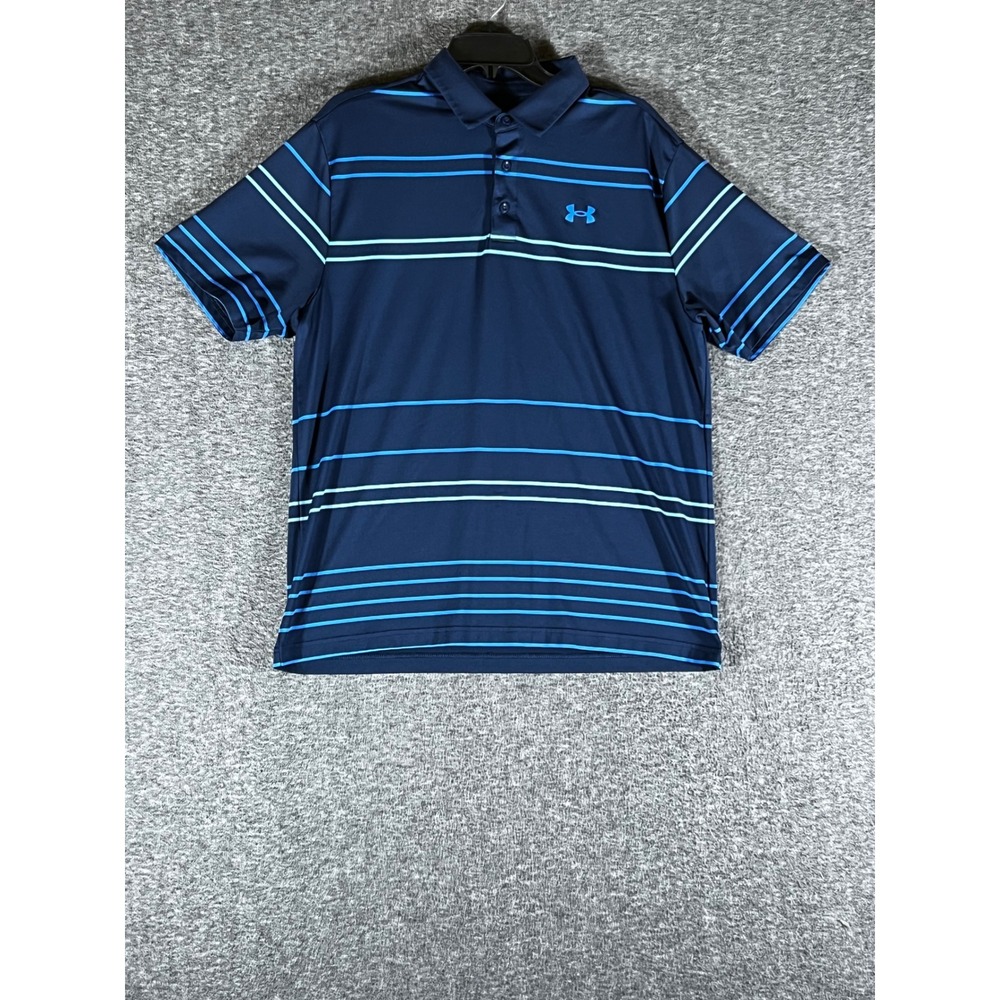 Under‎ Armour Mens Playoff Polo Shirt Navy Blue Striped Loose Fit Large LG